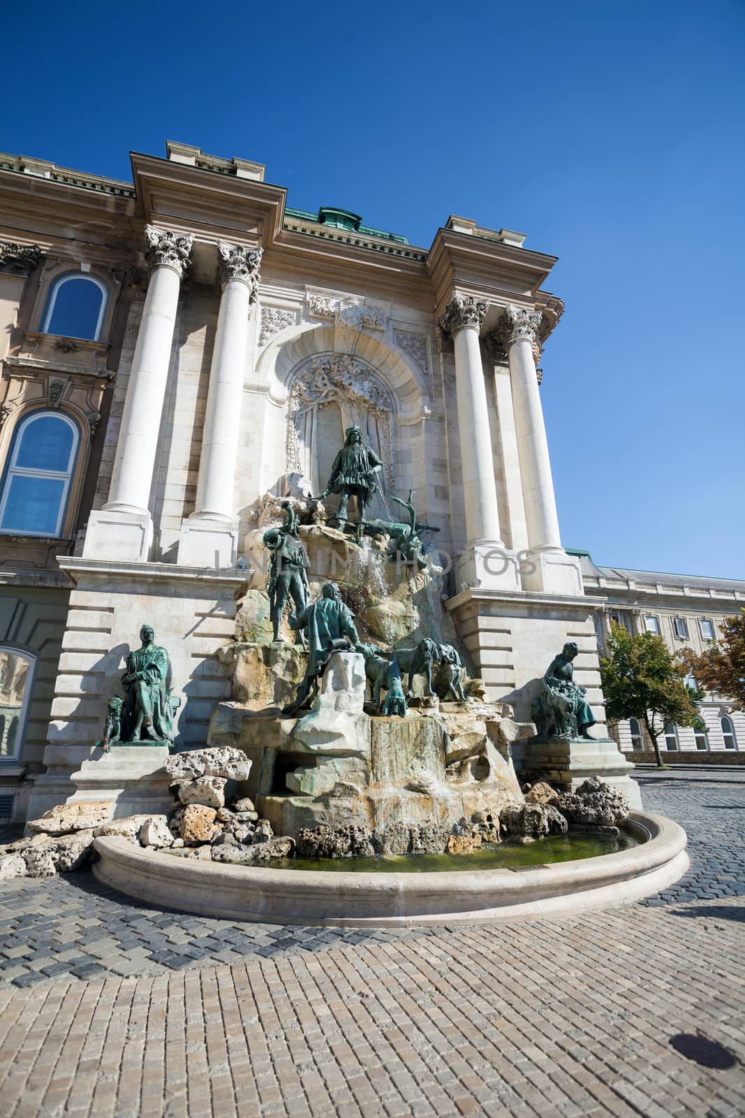 BUDAPEST, HUNGARY - AUGUST 2: Matthias Fountain in the northwest courtyard of the Buda Castle Royal Palace, Budapest, Hungary