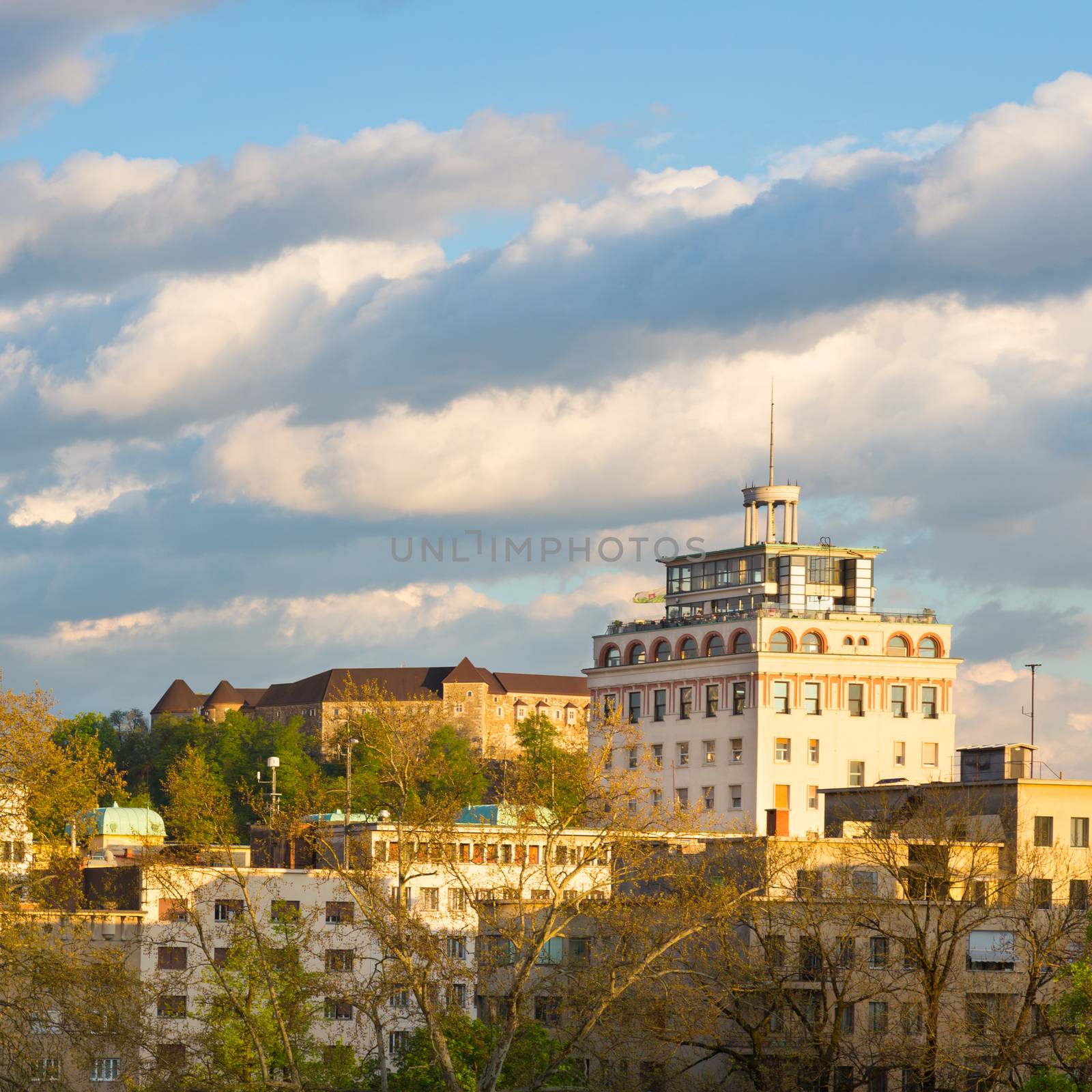 Cityscape of the Slovenian capital Ljubljana at sunset.