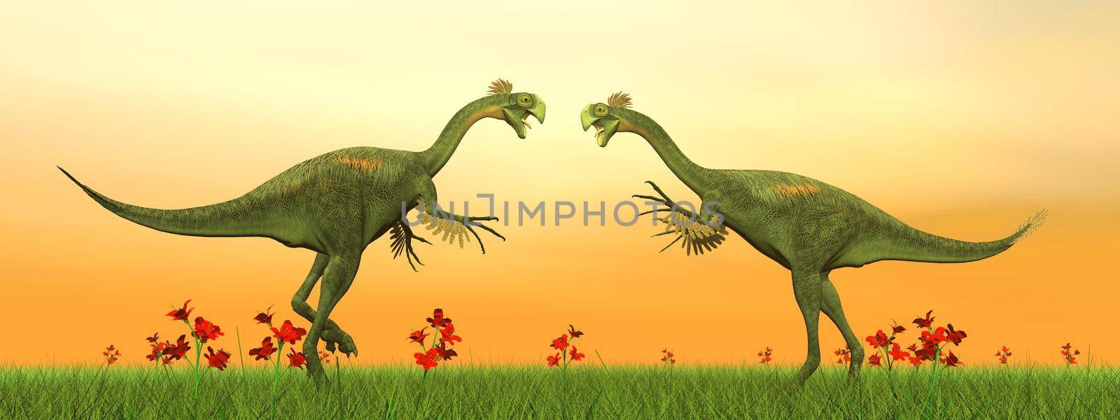Gigantoraptor dinosaurs fight - 3D render by Elenaphotos21