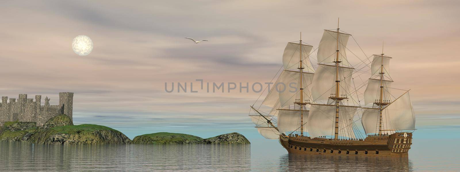 Beautiful detailed old merchant ship going back to castle and seagull flying around by cloudy sunset with full moon