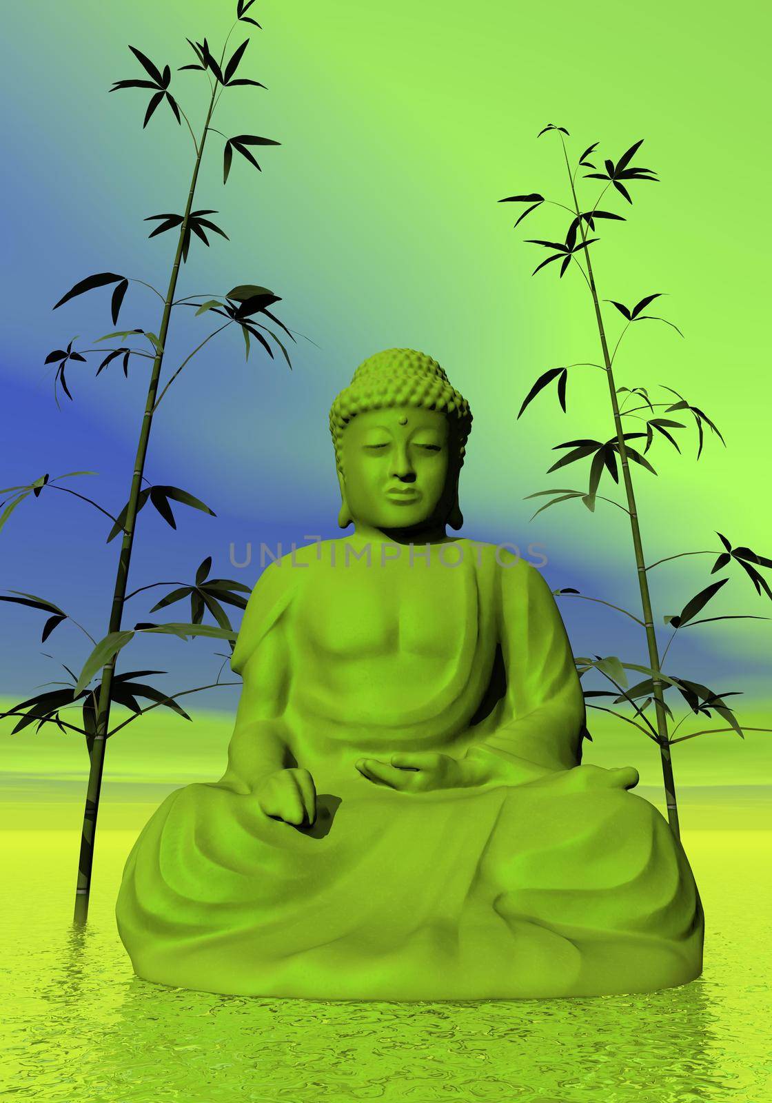 One buddha next to bamboos in green background