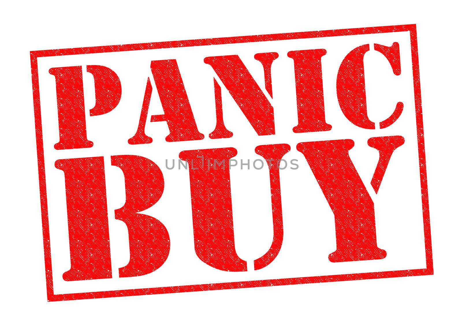 PANIC BUY red Rubber Stamp over a white background.