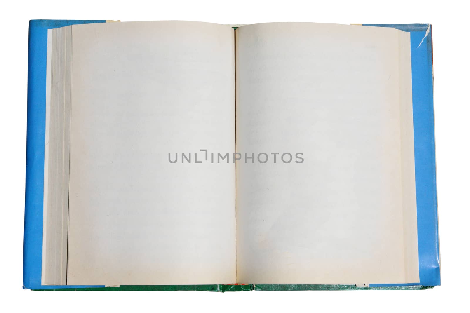 Blank old book open on white background