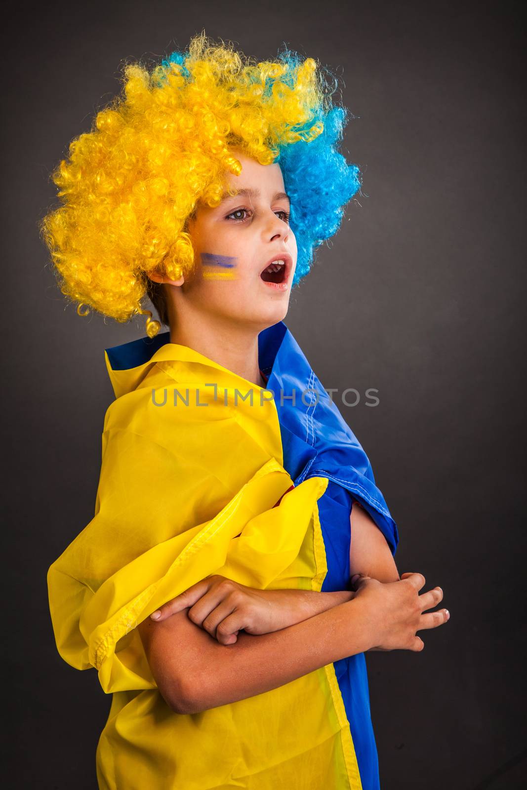 Football fan with ukrainian flag on a black background by bloodua