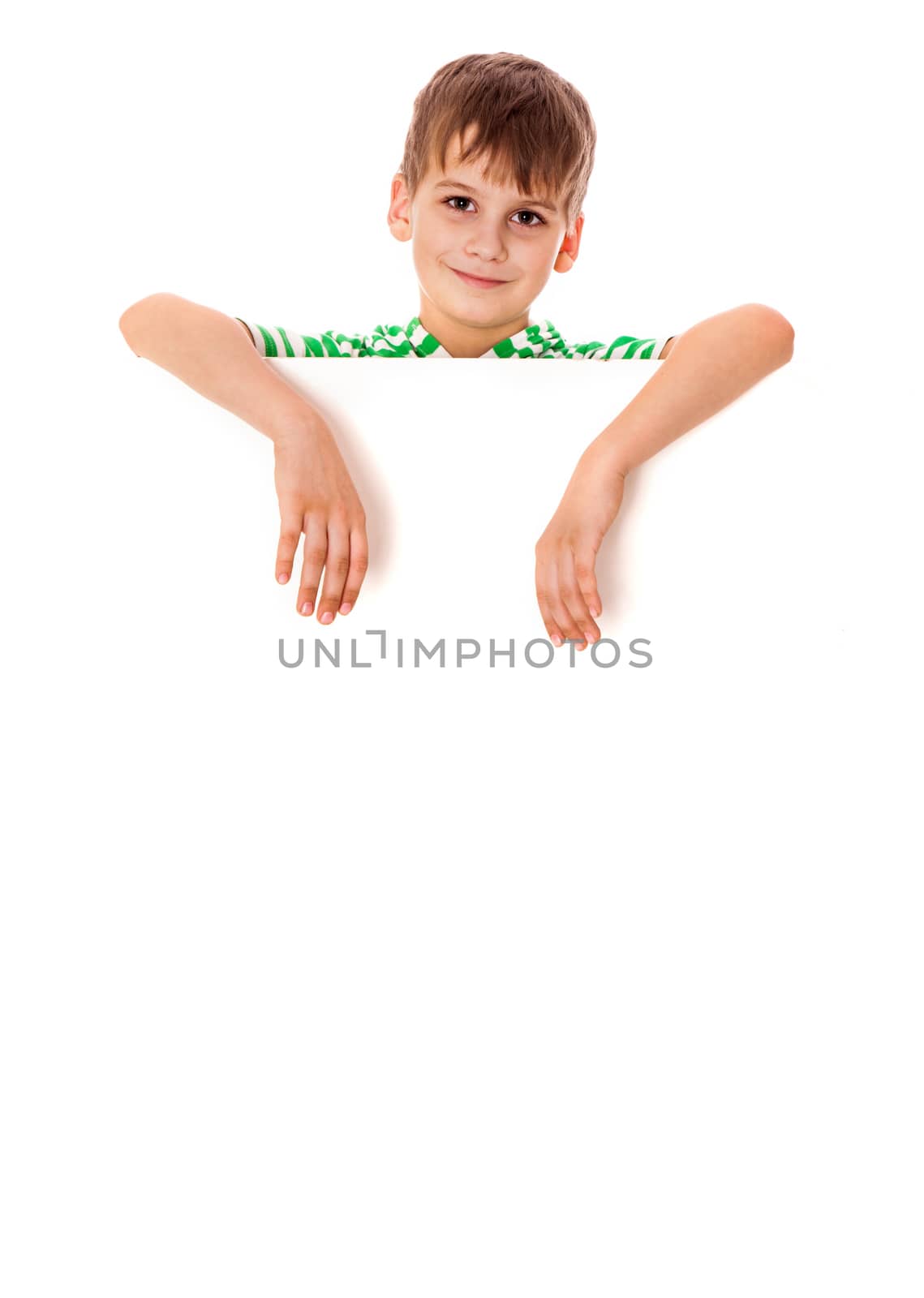 Boy holding a banner isolated on white background