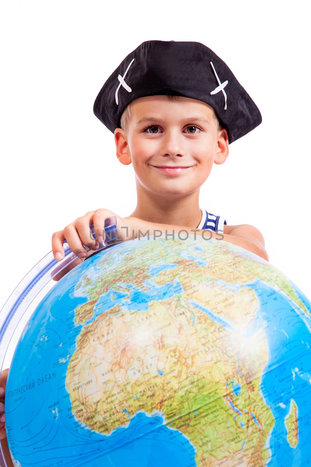 Boy holding a globe isolated on white background