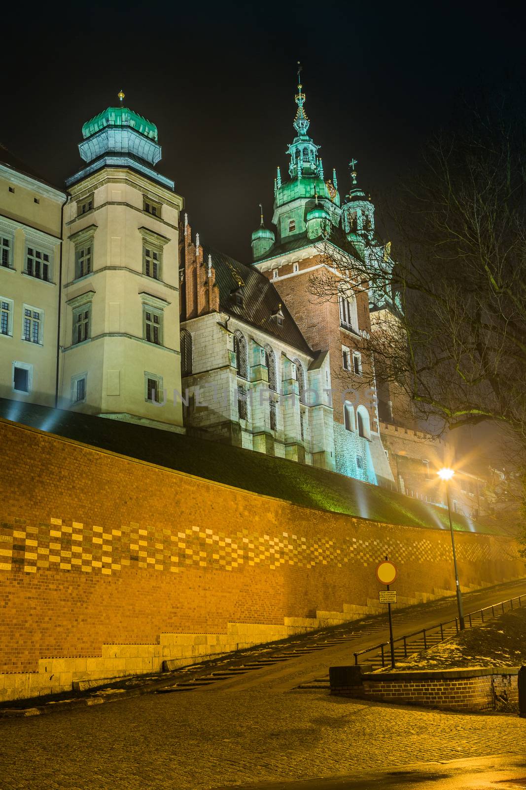 Krakow old city at night. Wawel Castle and Wistula. Krakow Poland.