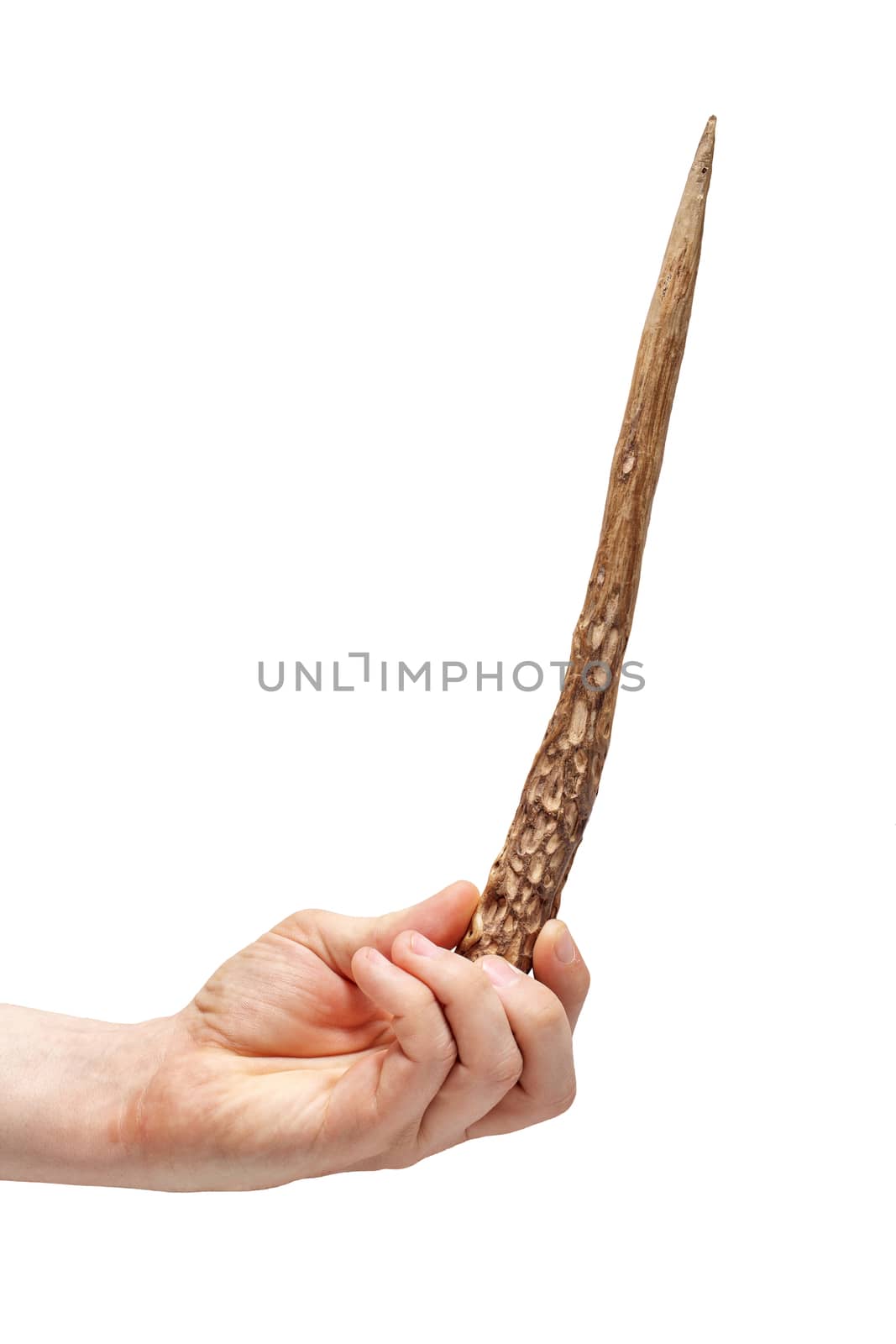 Man's hand and wand shot closeup isolated on a white background