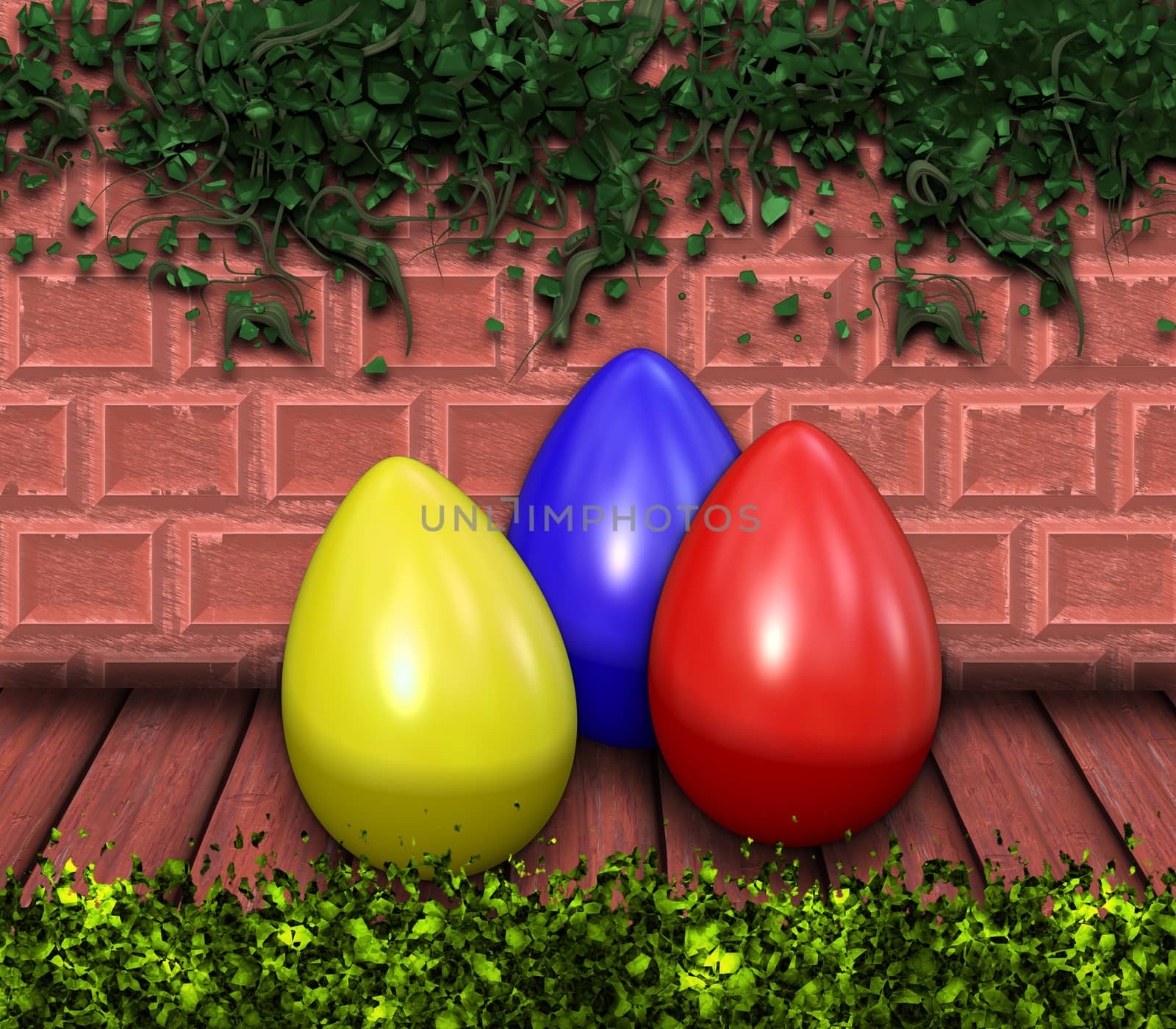 Easter eggs on a wooden surface with background of plants.