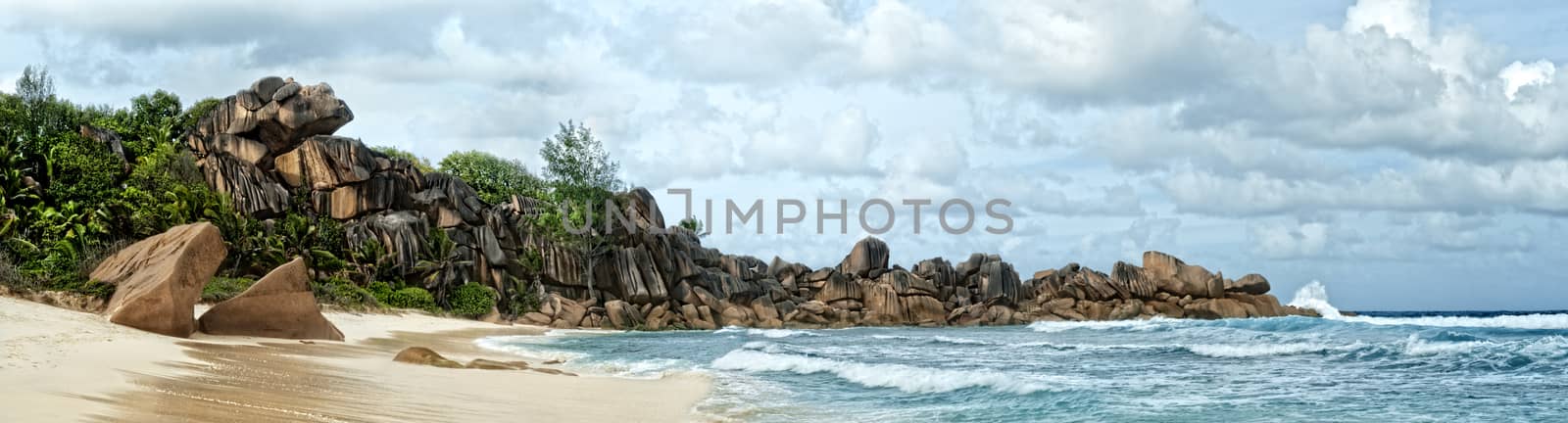 Lovely deserted beach south-west of La Digue island, Seychelles