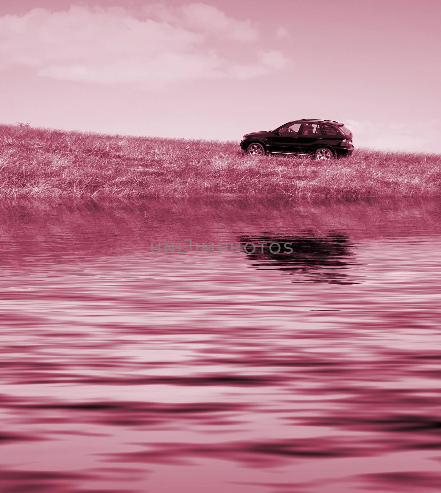 Car on the meadow near a lake.