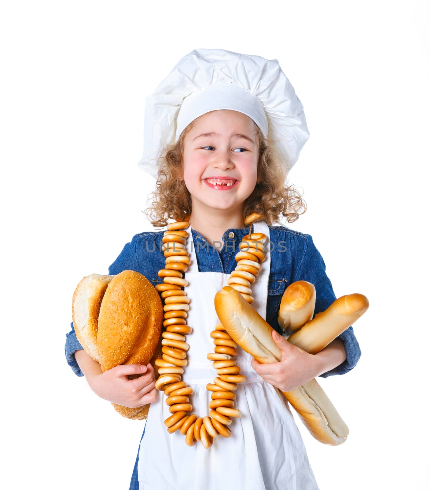 Little Cook With Bread and Bagels. Isolated on white background.