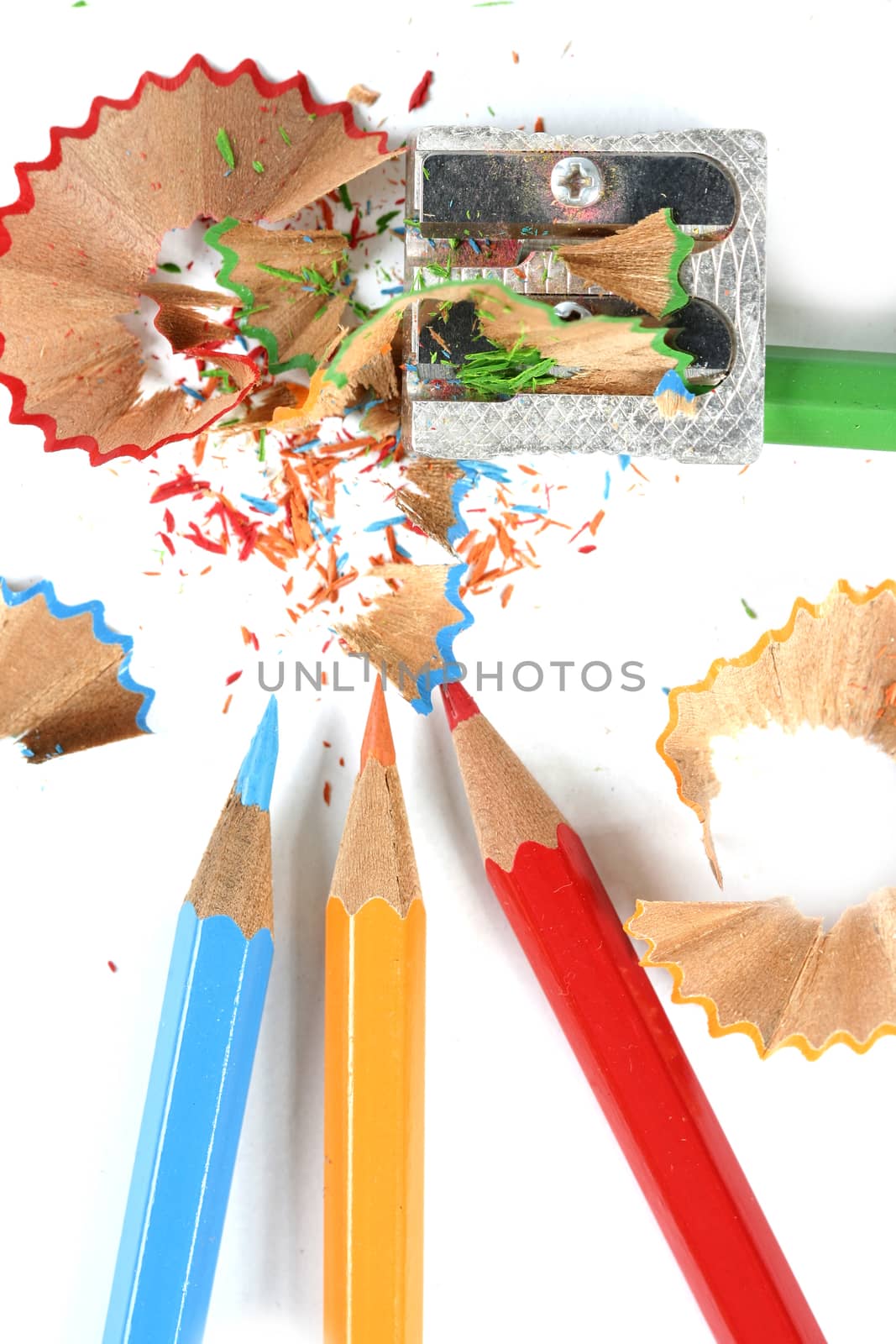 Close-up of pencils and sharpener.