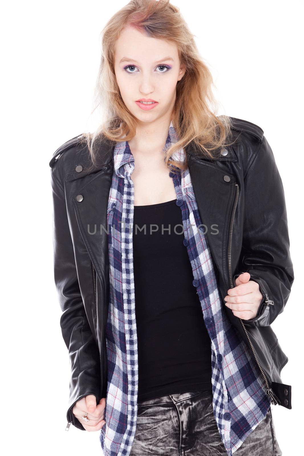 Young tough blond teenage girl with leather jacket on a white background