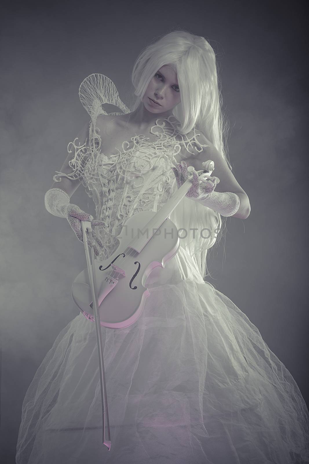 Music concept. Beautiful model with long white hair and vintage by FernandoCortes