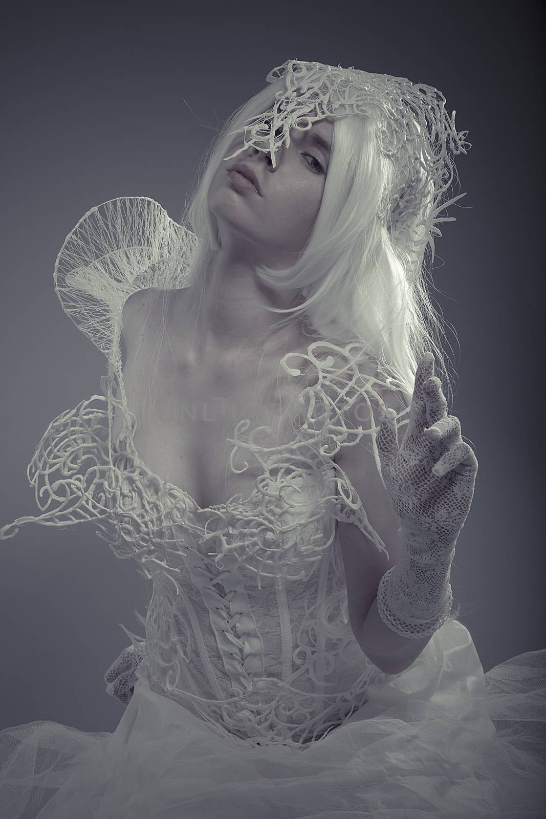 Mystic queen. Beautiful model with long white hair and vintage c by FernandoCortes