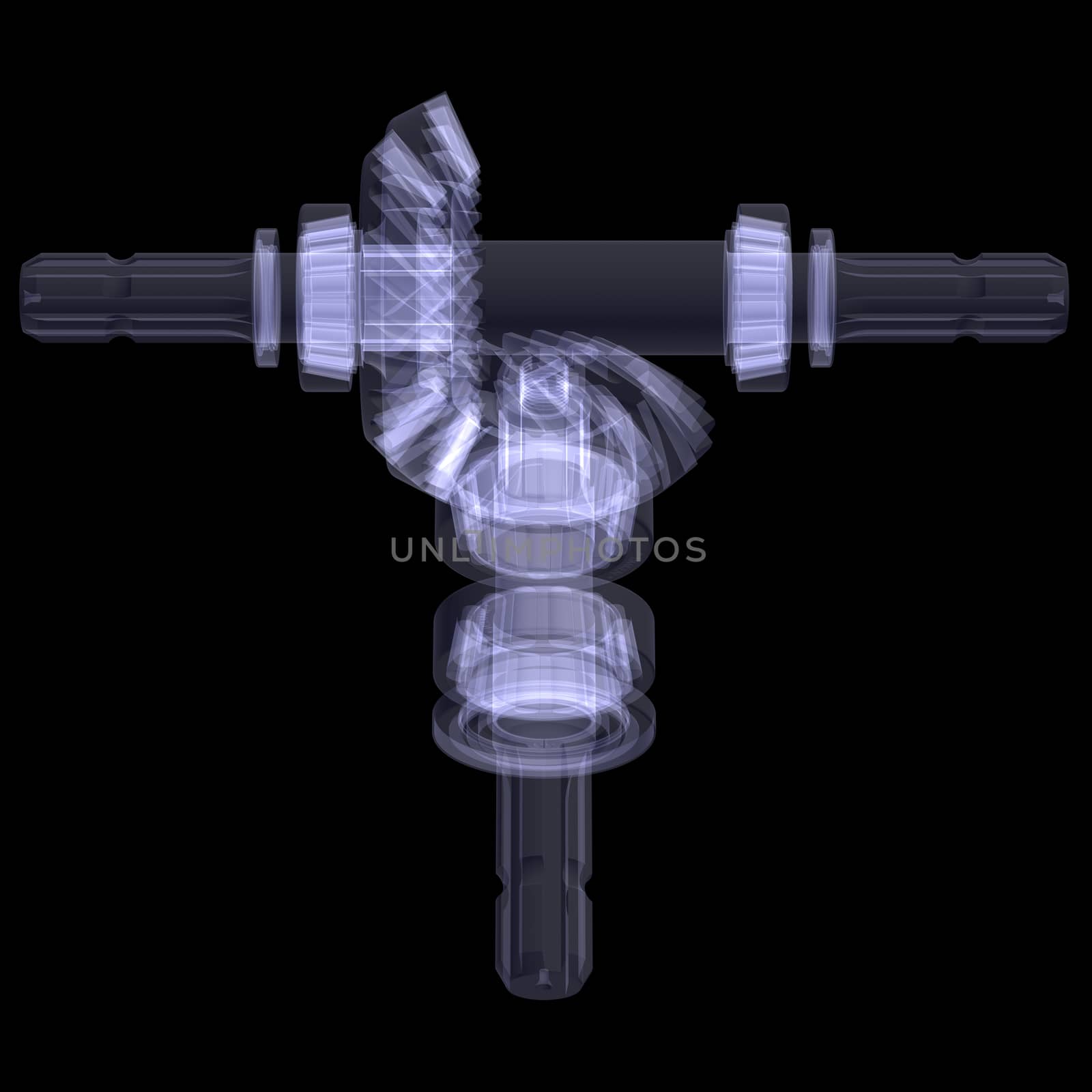 Hypoid gear. X-ray render. Isolated on a black background