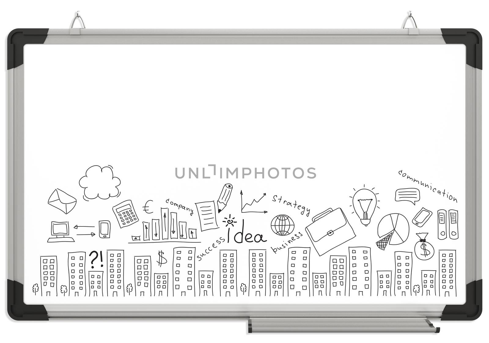 White magnetic board and business sketches isolated on white background. Business concept