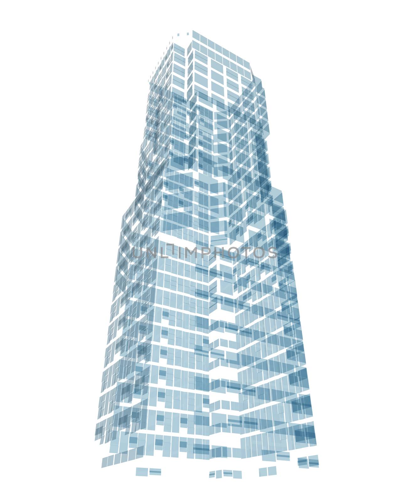 Abstract skyscraper consisting of blue planes. Isolated render on a white background