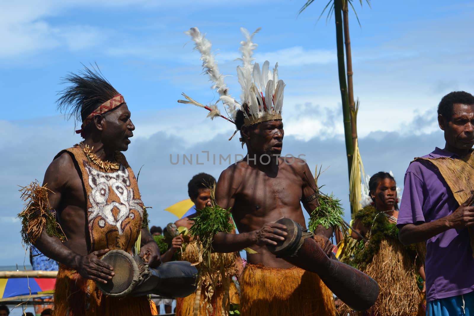 Traditional tribal dance at mask festival.
7th Gulf Mask Festival, Toare Village, Gulf Province, Papua New Guinea on June 19, 2011