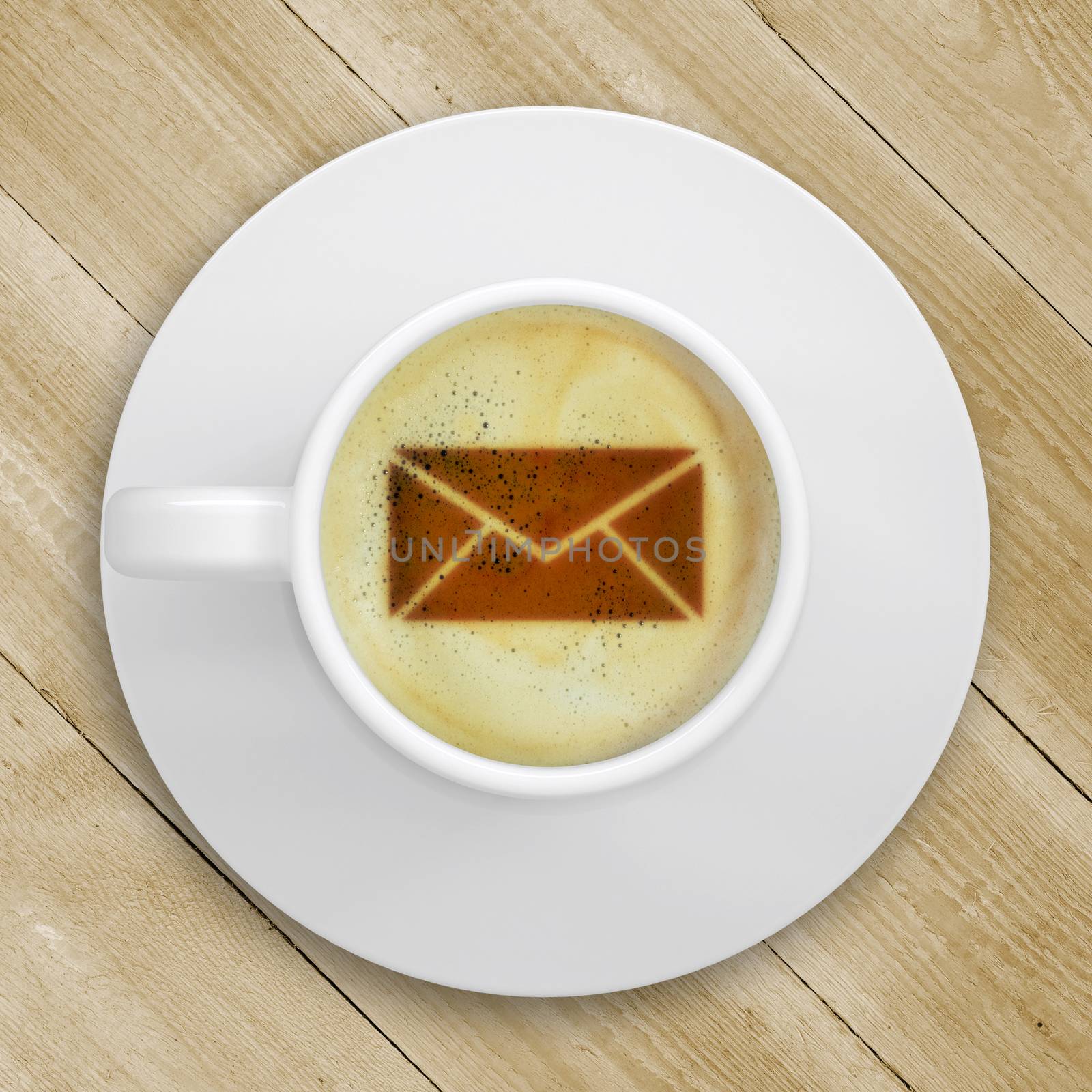 Cup of coffee standing on a wooden surface. Picture of the mail in the coffee crema. top view