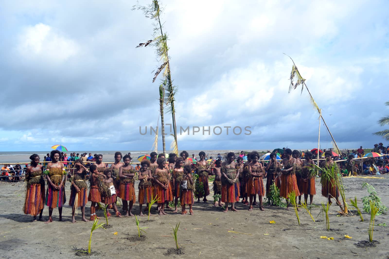 Traditional tribal dance at mask festival.
7th Gulf Mask Festival, Toare Village, Gulf Province, Papua New Guinea on June 19, 2011