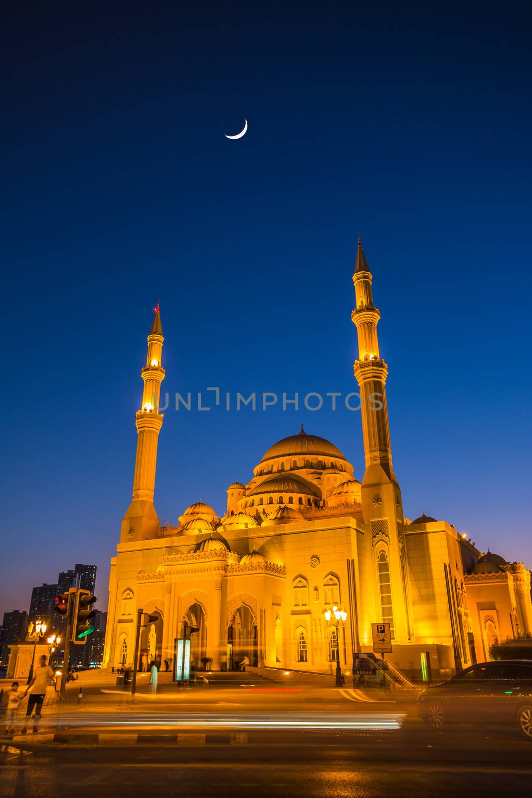 Al Noor Mosque in Sharjah at night. United Arab Emirates