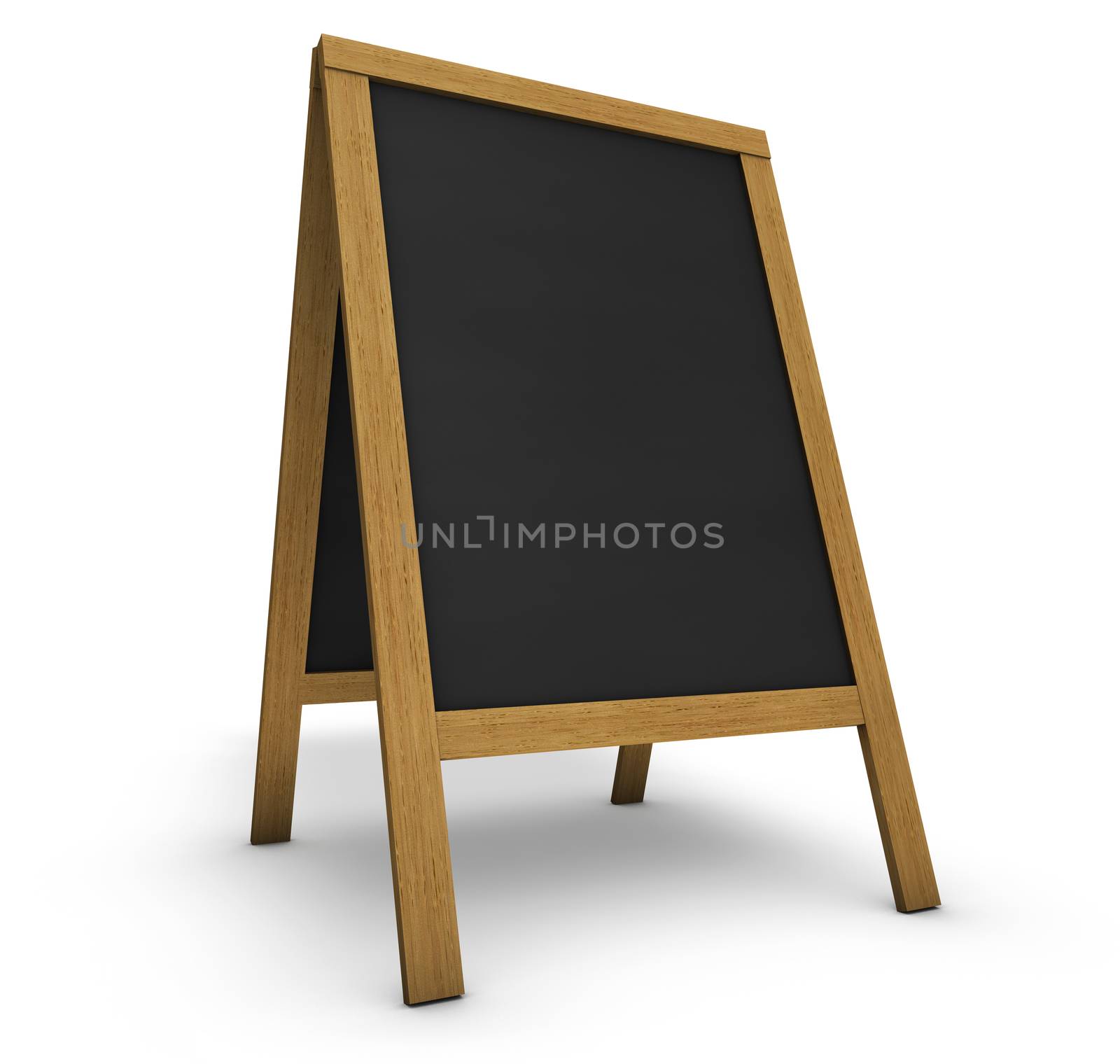 Blank wooden vintage restaurant chalkboard or board with central empty black surface for menu, daily food or event program on white background.