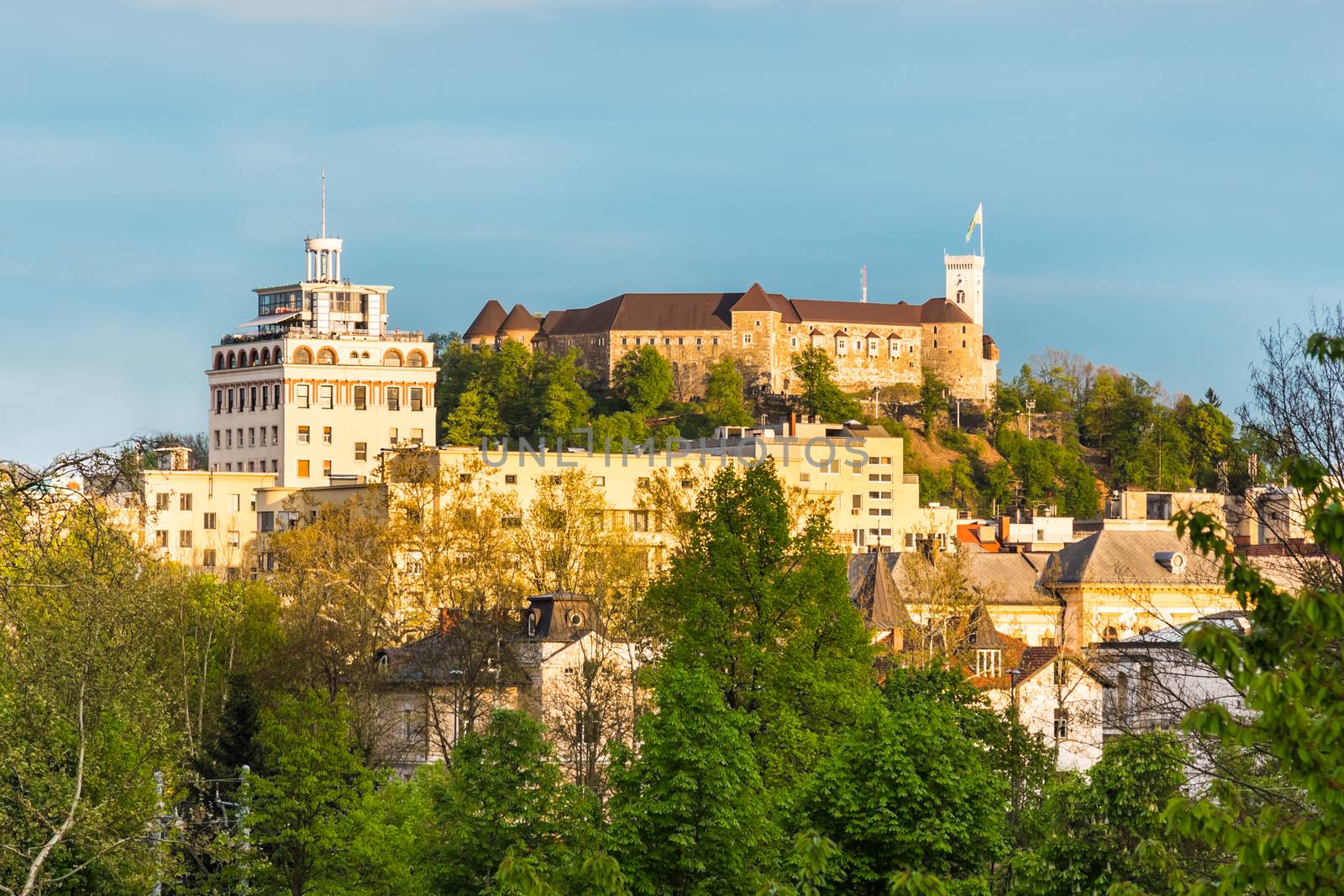 Cityscape of the Slovenian capital Ljubljana at sunset.