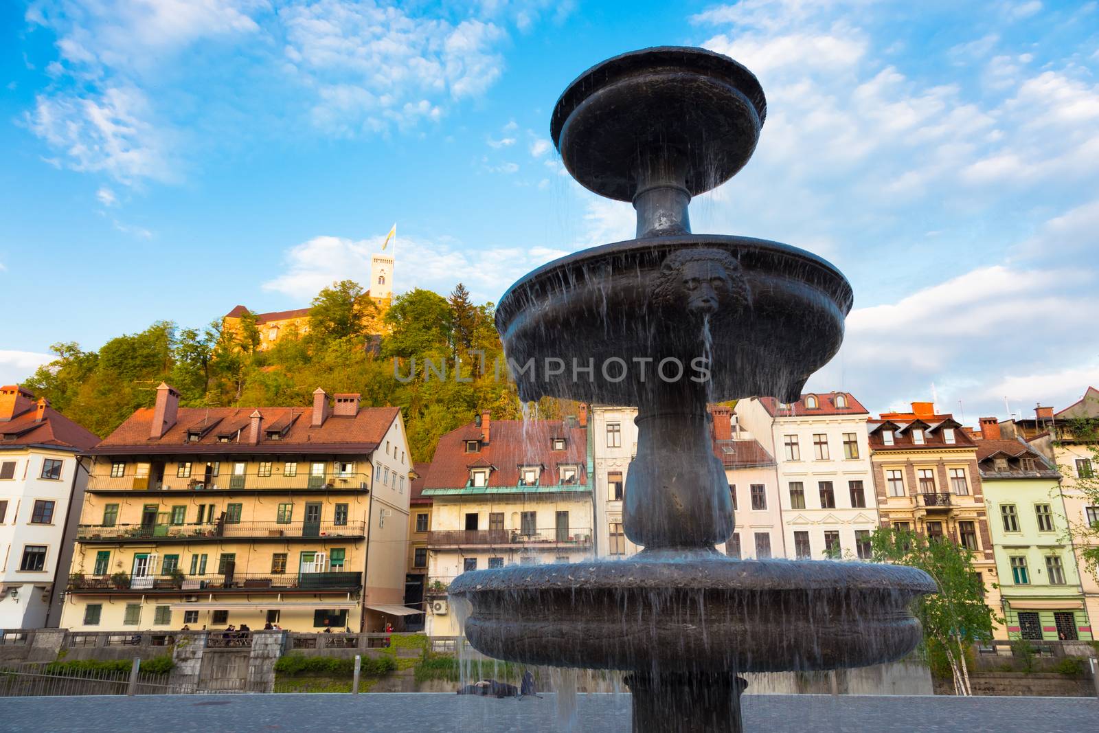 Romantic medieval Ljubljana's city center, the capital of Slovenia, Europe. New square and Ljubljanica river bank.