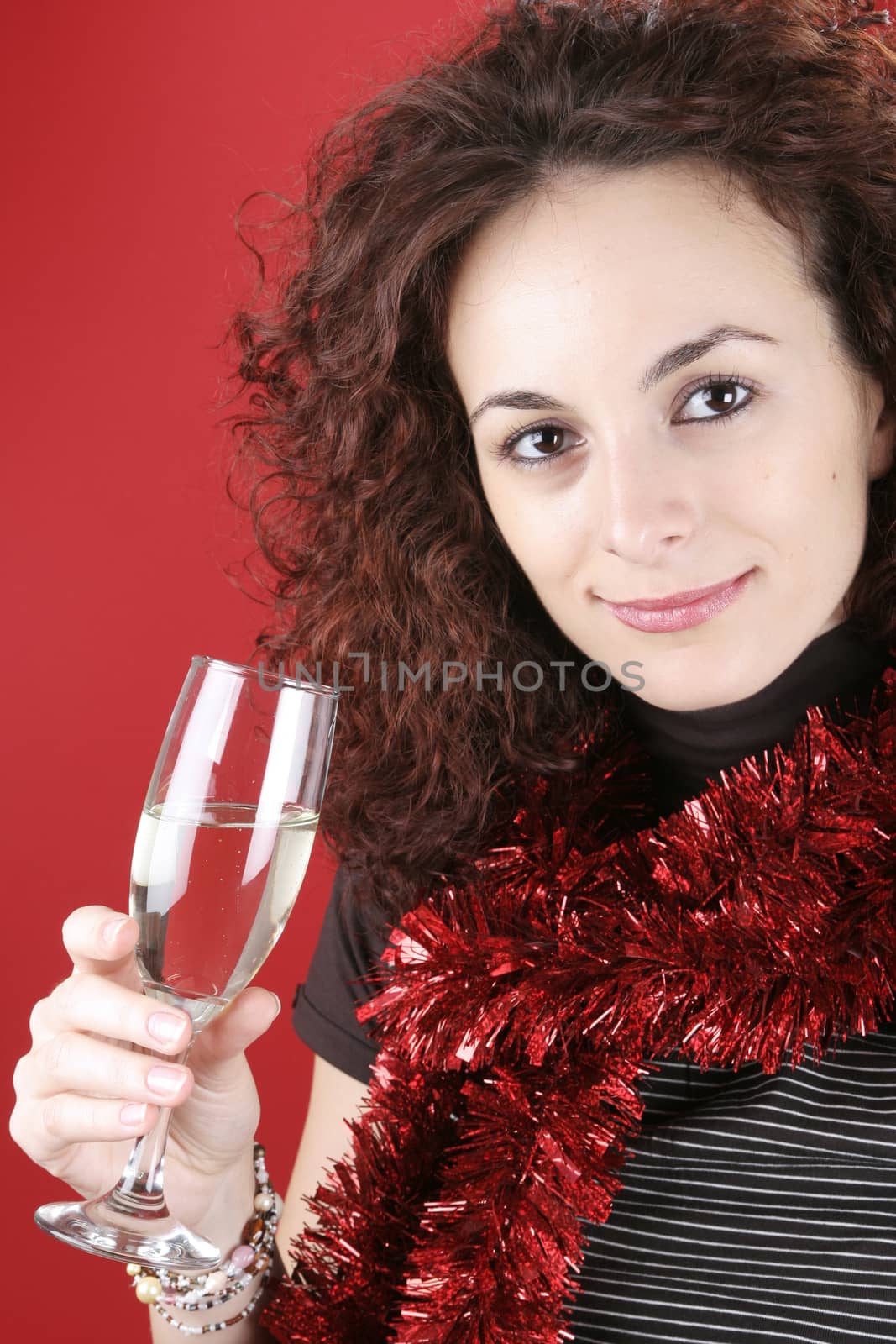 Woman drinking champagne . Happy new year!