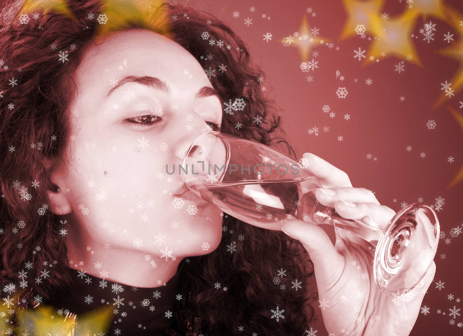 Woman drinking champagne . Happy new year!