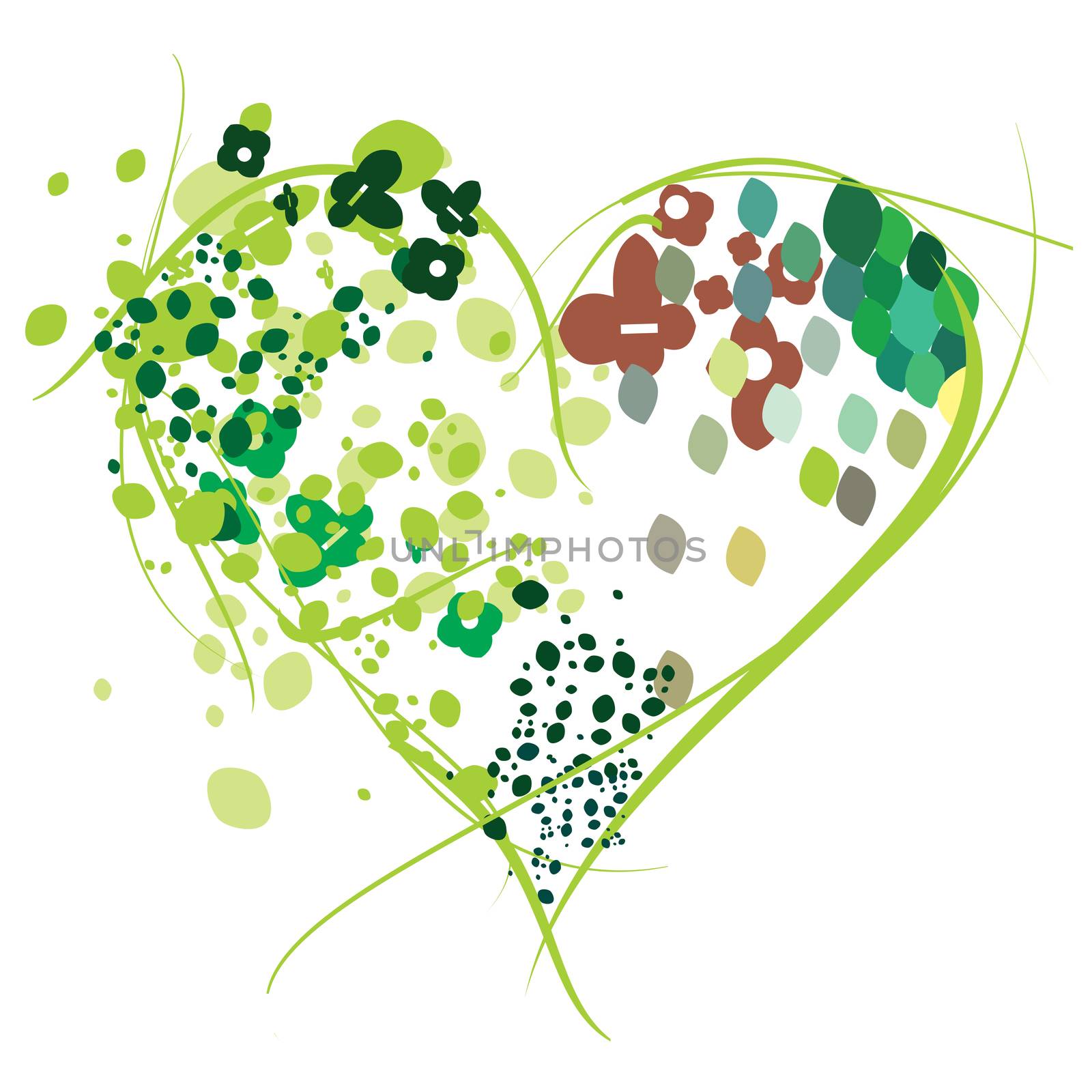 Fresh green leaves and soil in abstract form on heart.