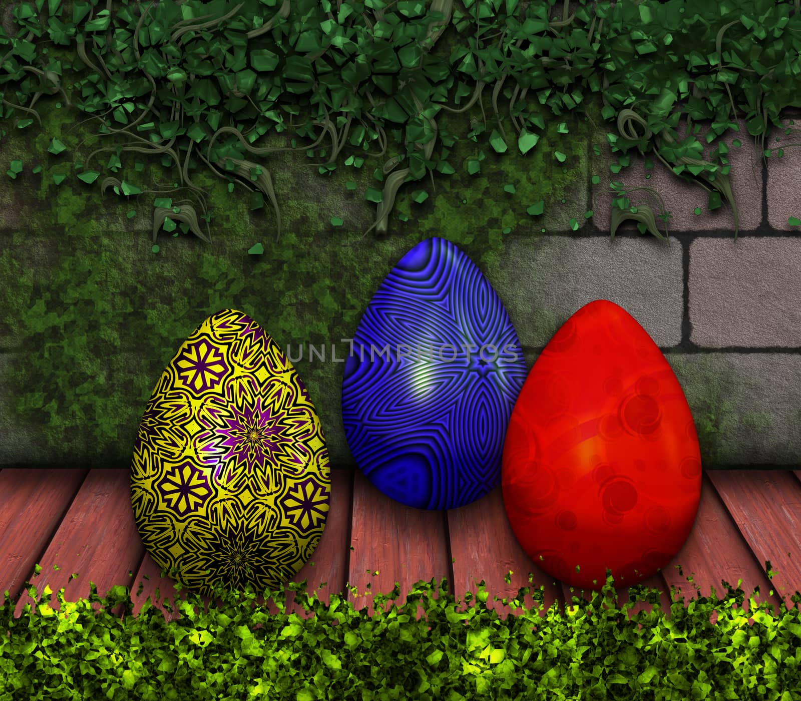 Easter eggs on a wooden surface with background of plants.