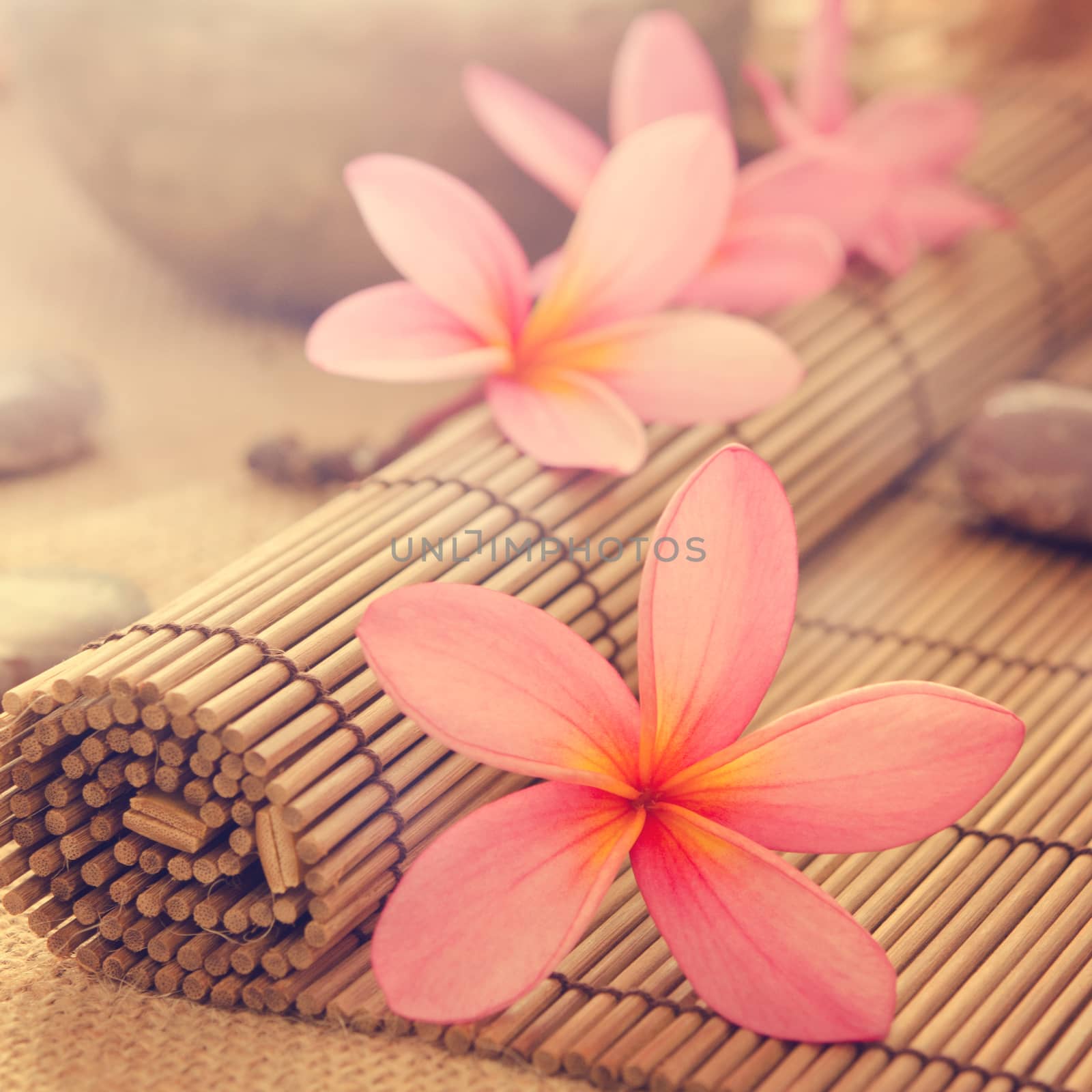 Health spa setting, low light with ambient. Frangipani, hot and cold stone on bamboo mat in vintage retro style.