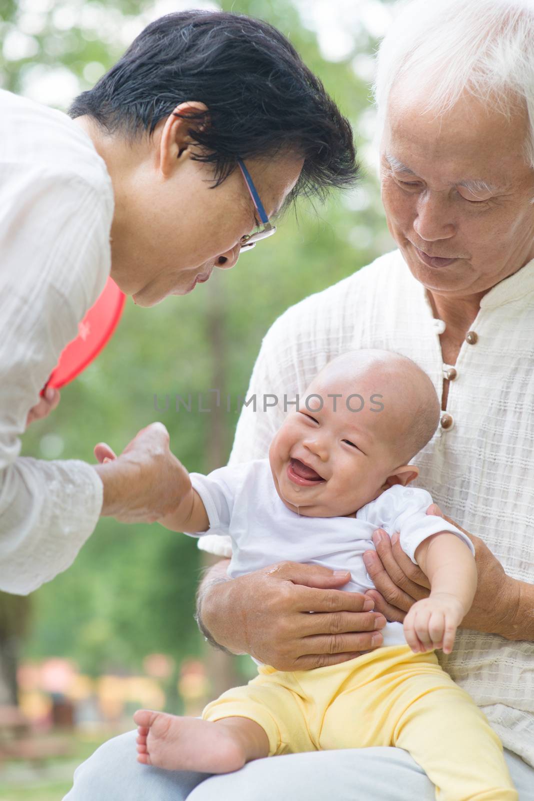 Asian Chinese grandparents playing with baby grandson at outdoor garden.