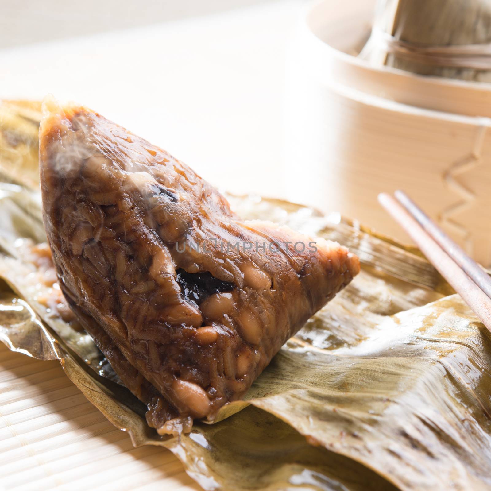 Unwrapped rice dumpling or zongzi. Traditional steamed sticky glutinous rice dumplings. Chinese food dim sum. Asian cuisine.