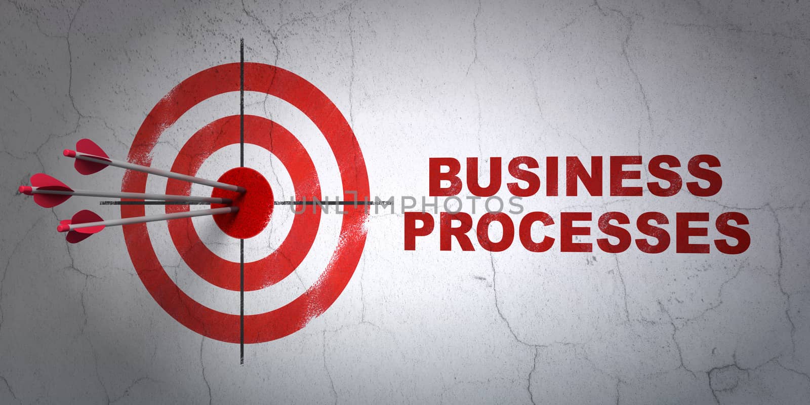 Success finance concept: arrows hitting the center of target, Red Business Processes on wall background, 3d render