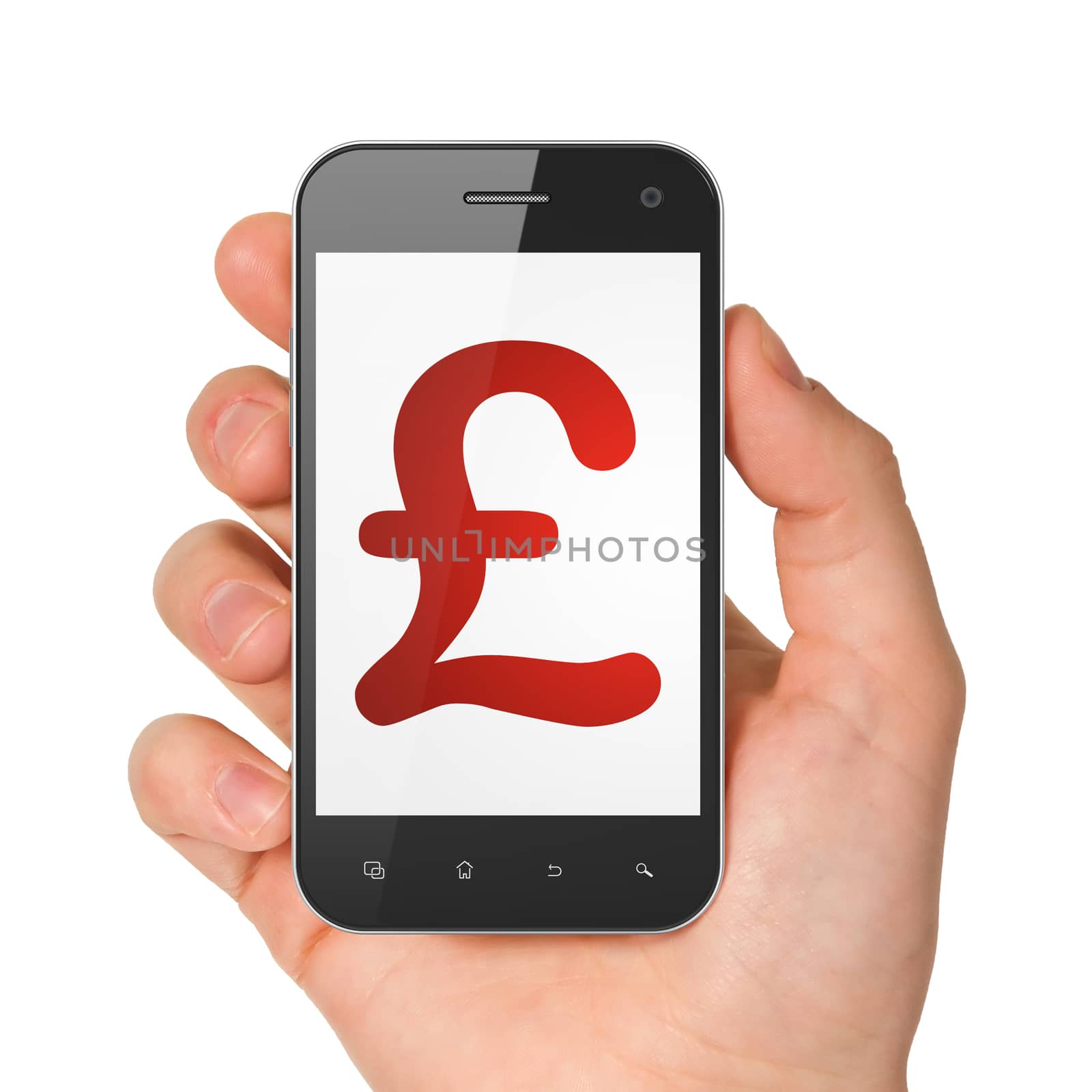 Currency concept: hand holding smartphone with Pound on display. Mobile smart phone on White background, 3d render