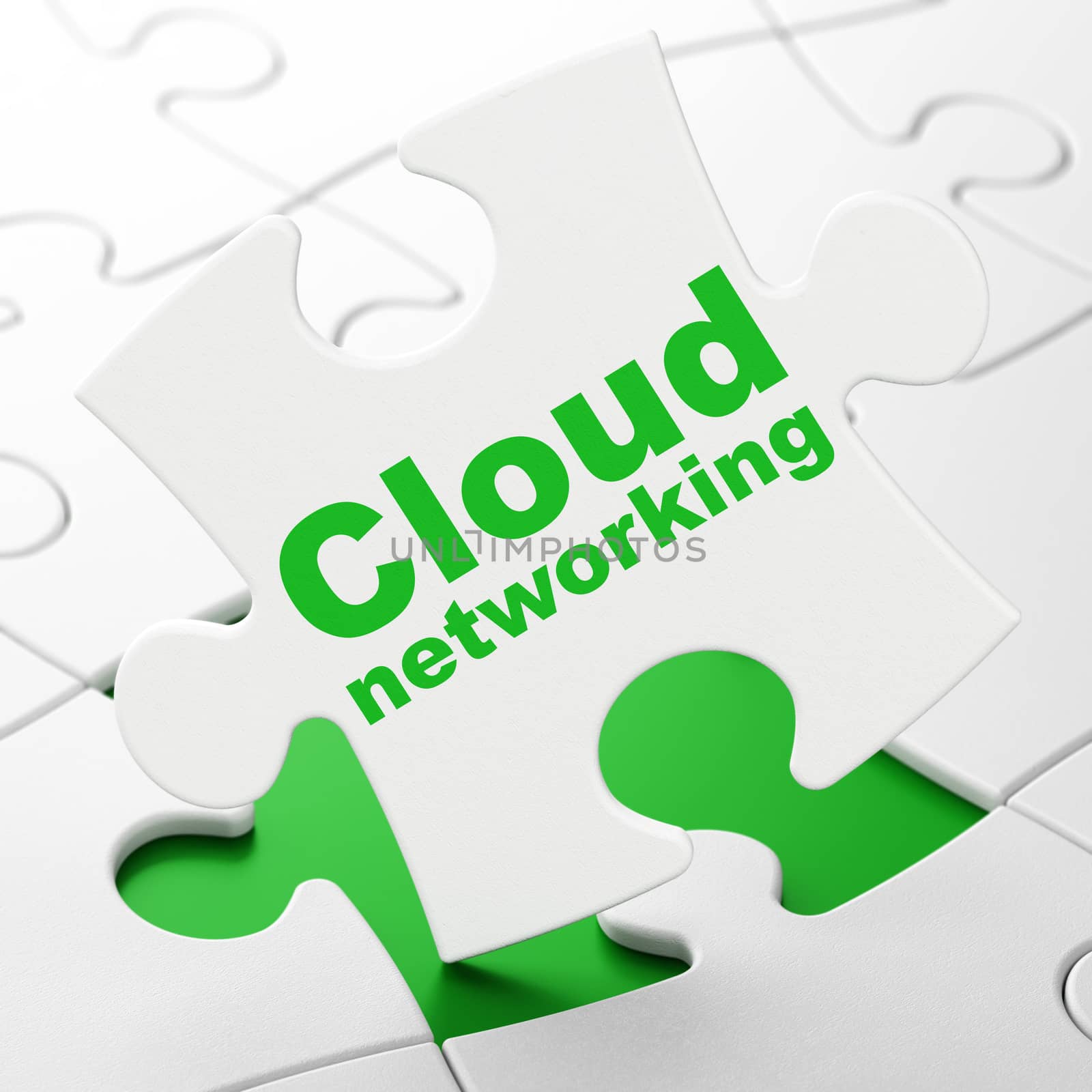 Cloud technology concept: Cloud Networking on White puzzle pieces background, 3d render