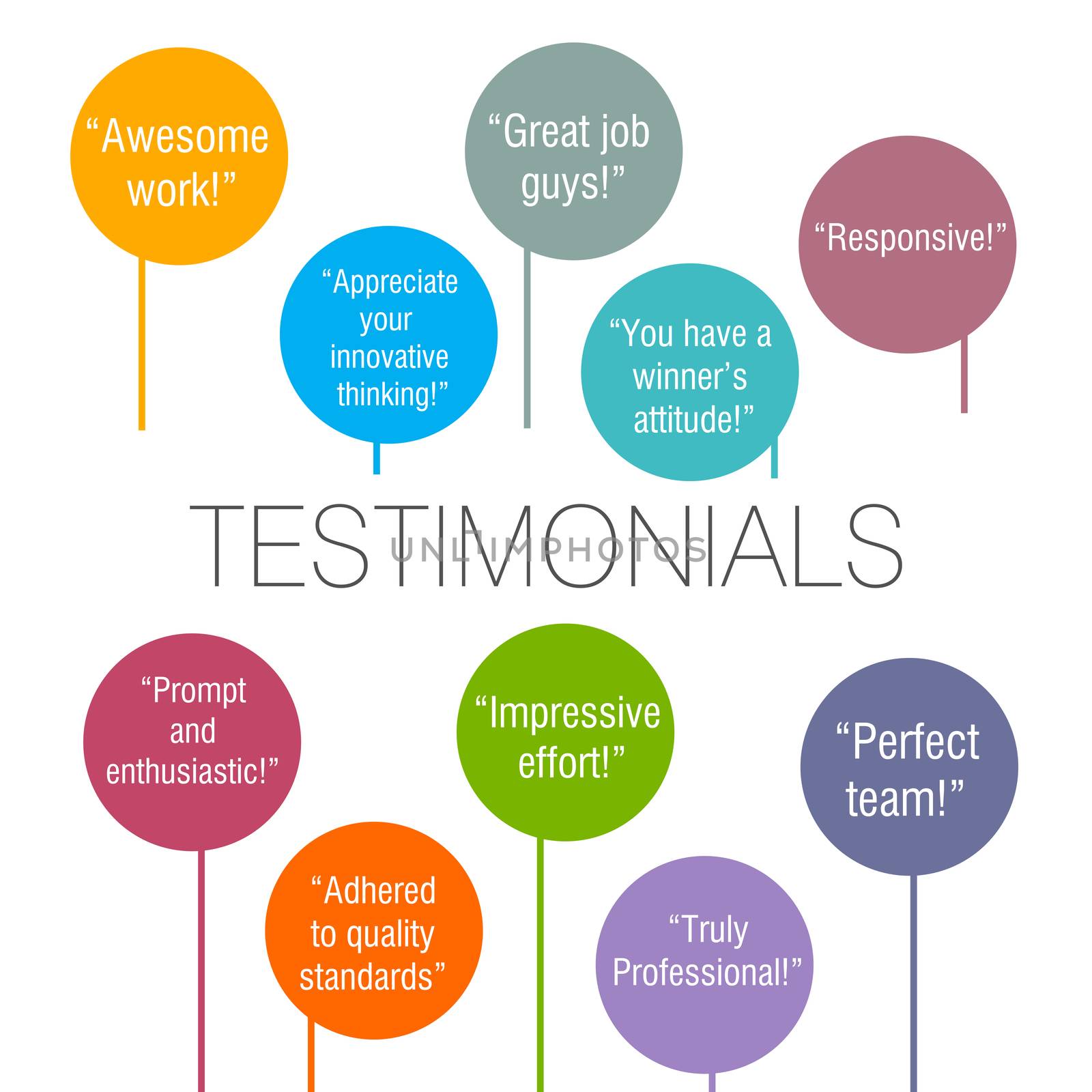 Generic testimonials from various clients displayed on a colorful background