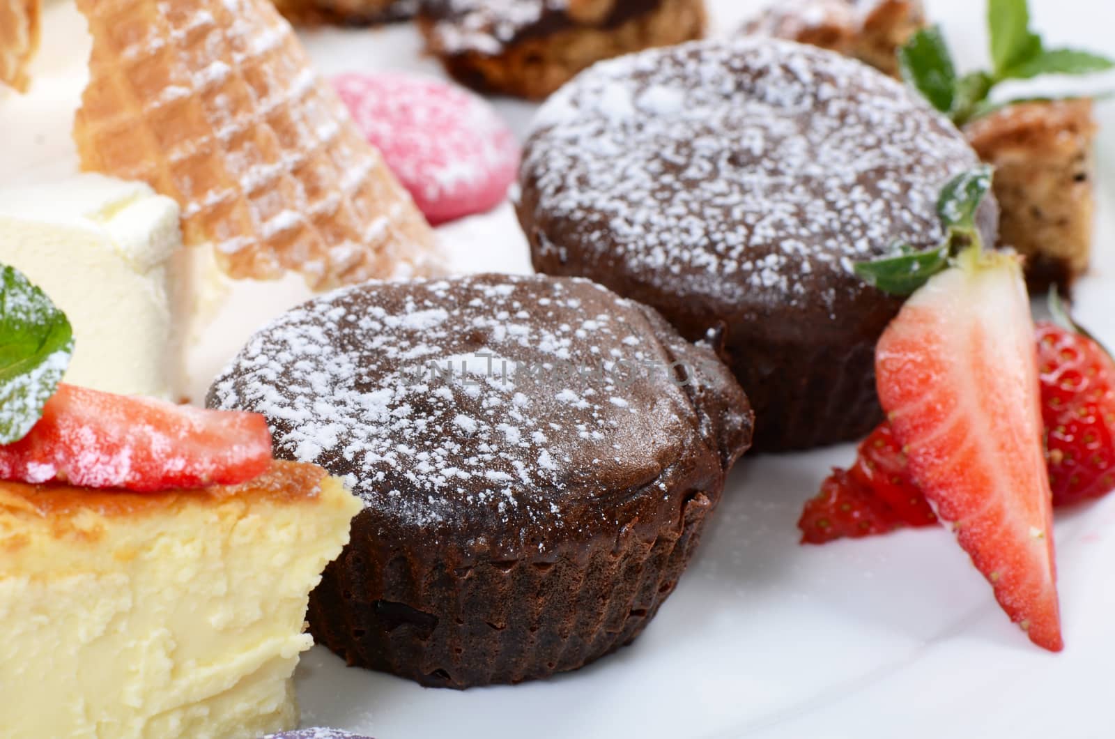 The chocolate cake with strawberry close up