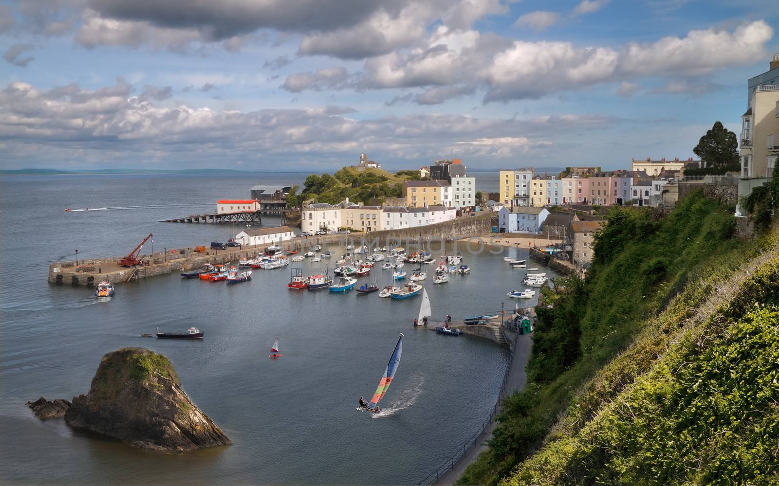 The harbour and sea front at Tenby in Wales lie well below the town. 