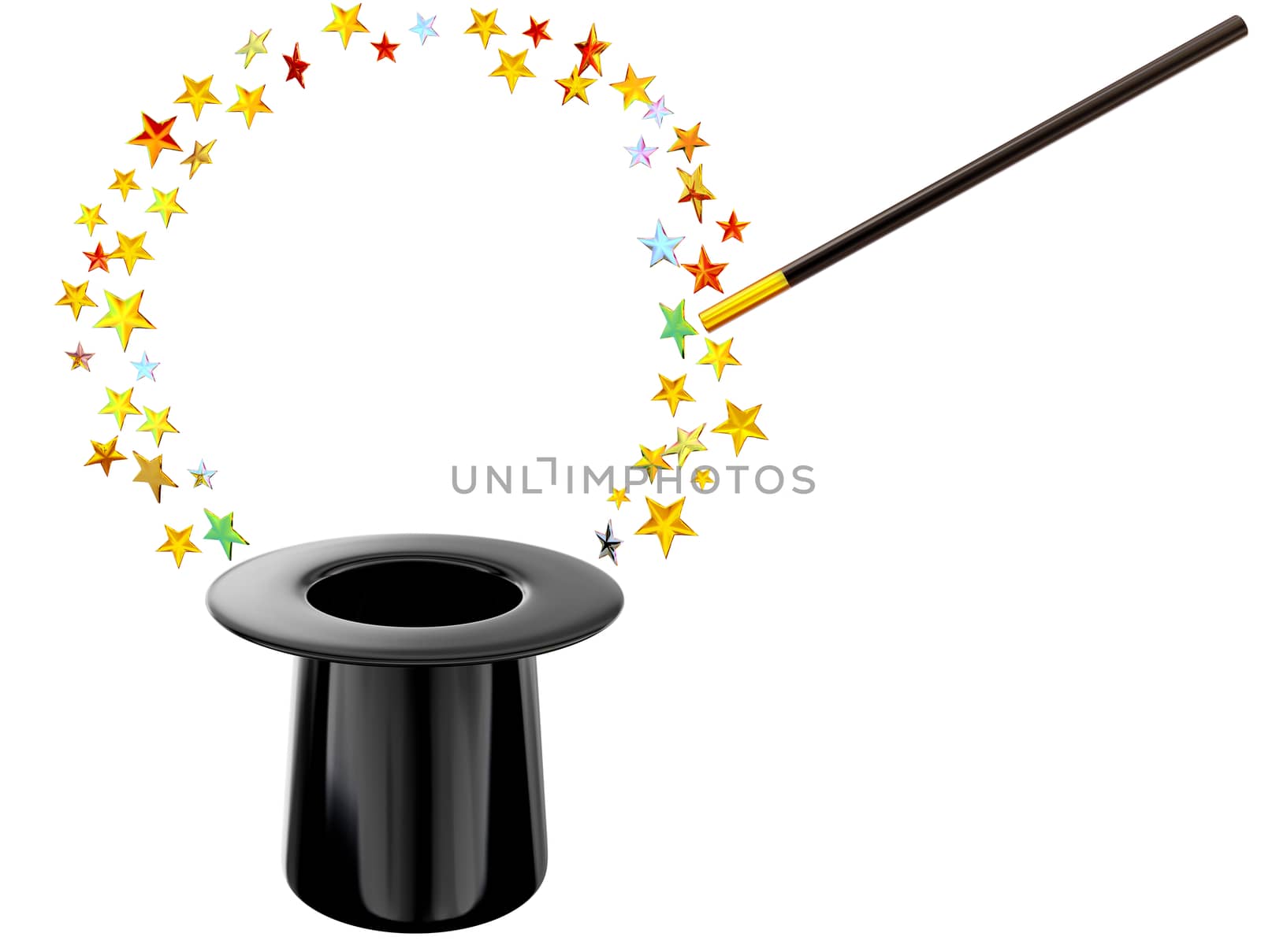 Retro style hat with wand and stars for magic trick on white background