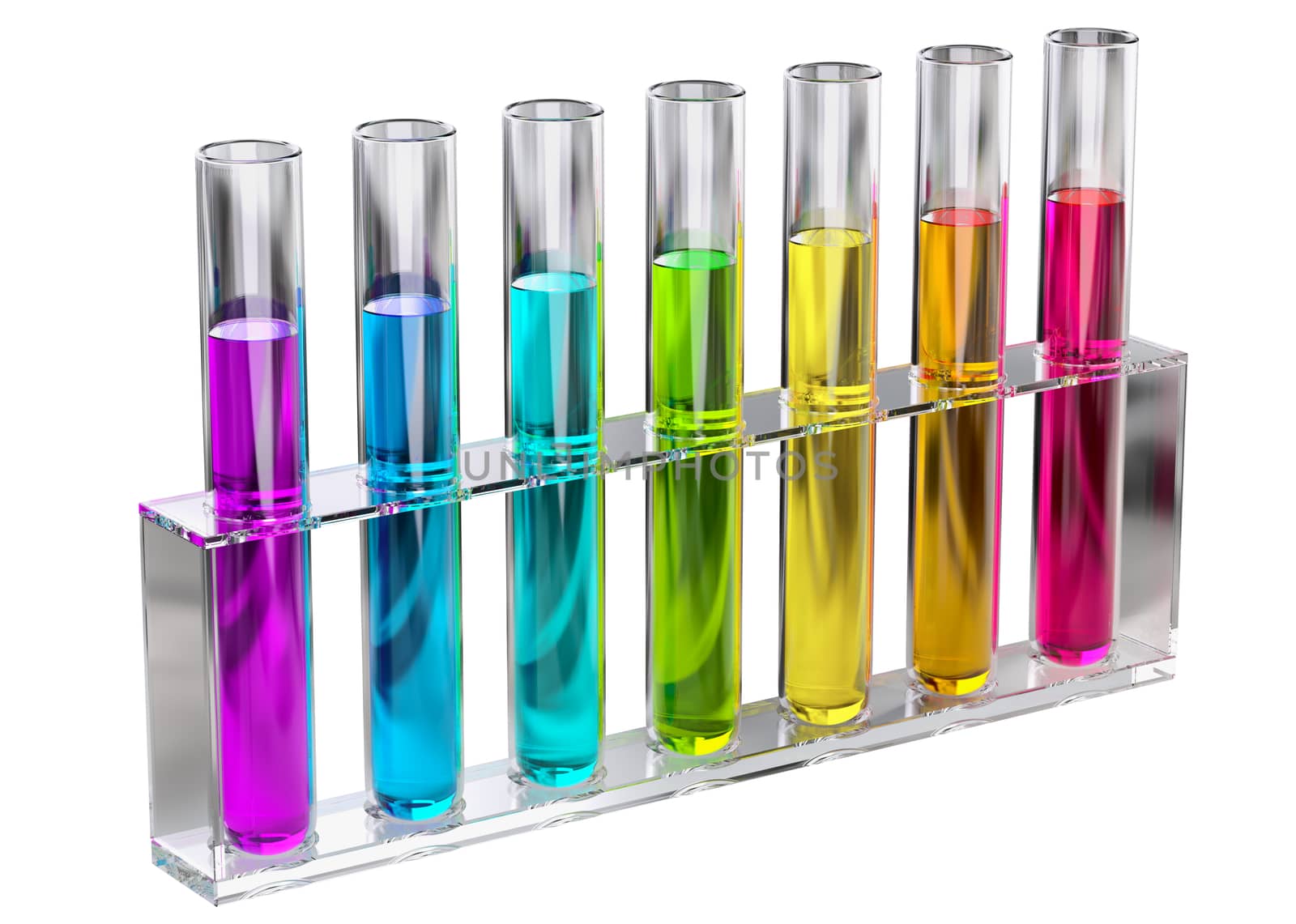 Samples with a colored transparent solution of chemical liquids in laboratory test-tubes for experiments. 3D chemistry concept