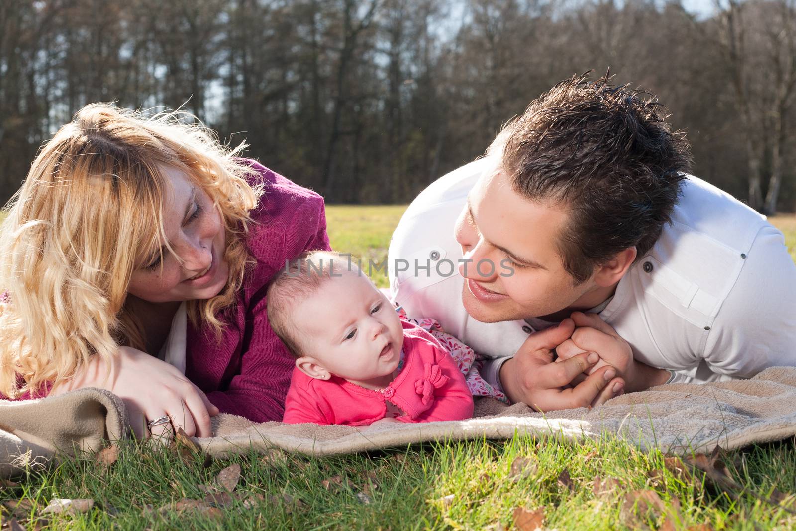 Young family on a blanket in the grass by DNFStyle