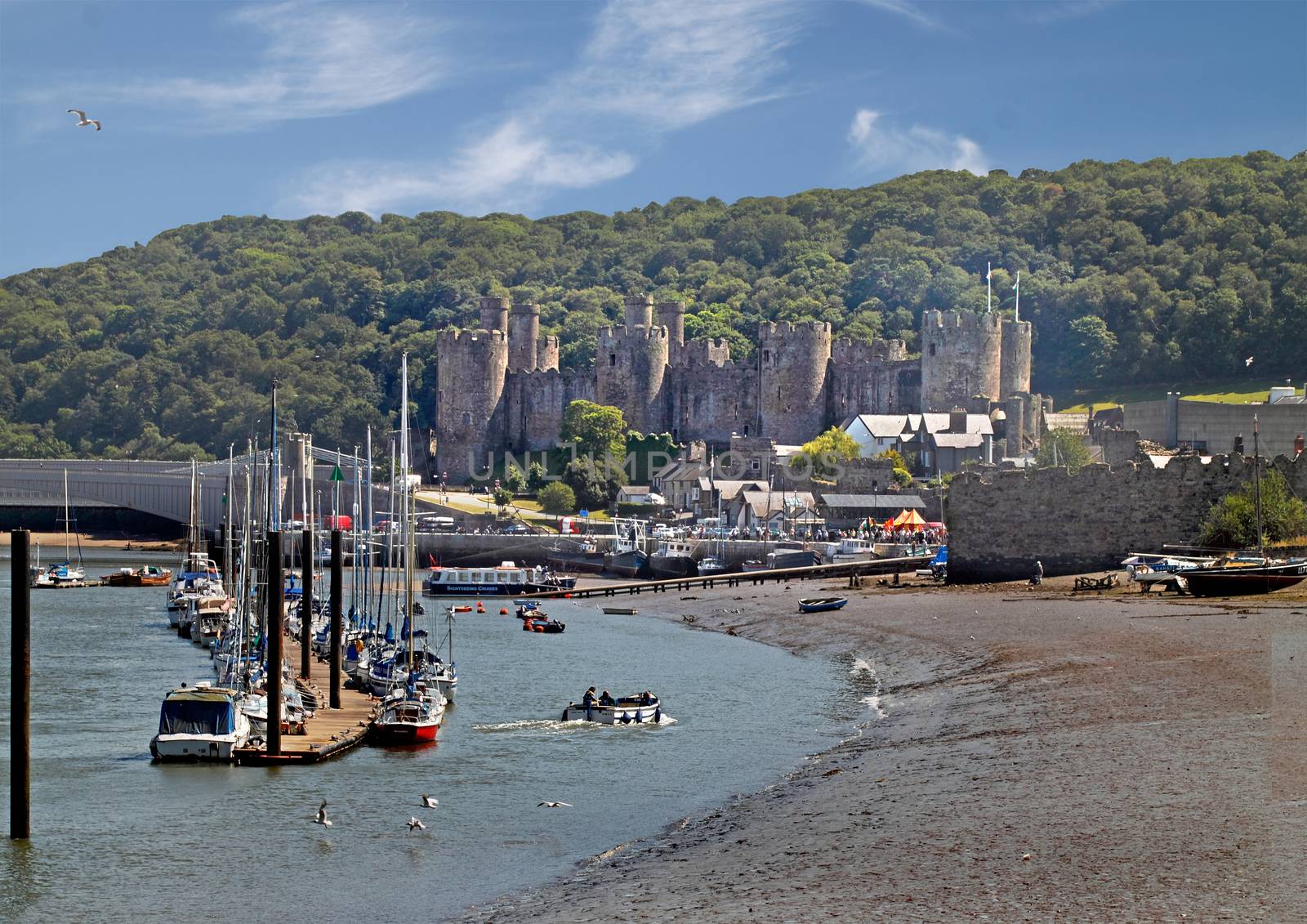 Conwy estuary harbour and 13th century castle in Wales UK.