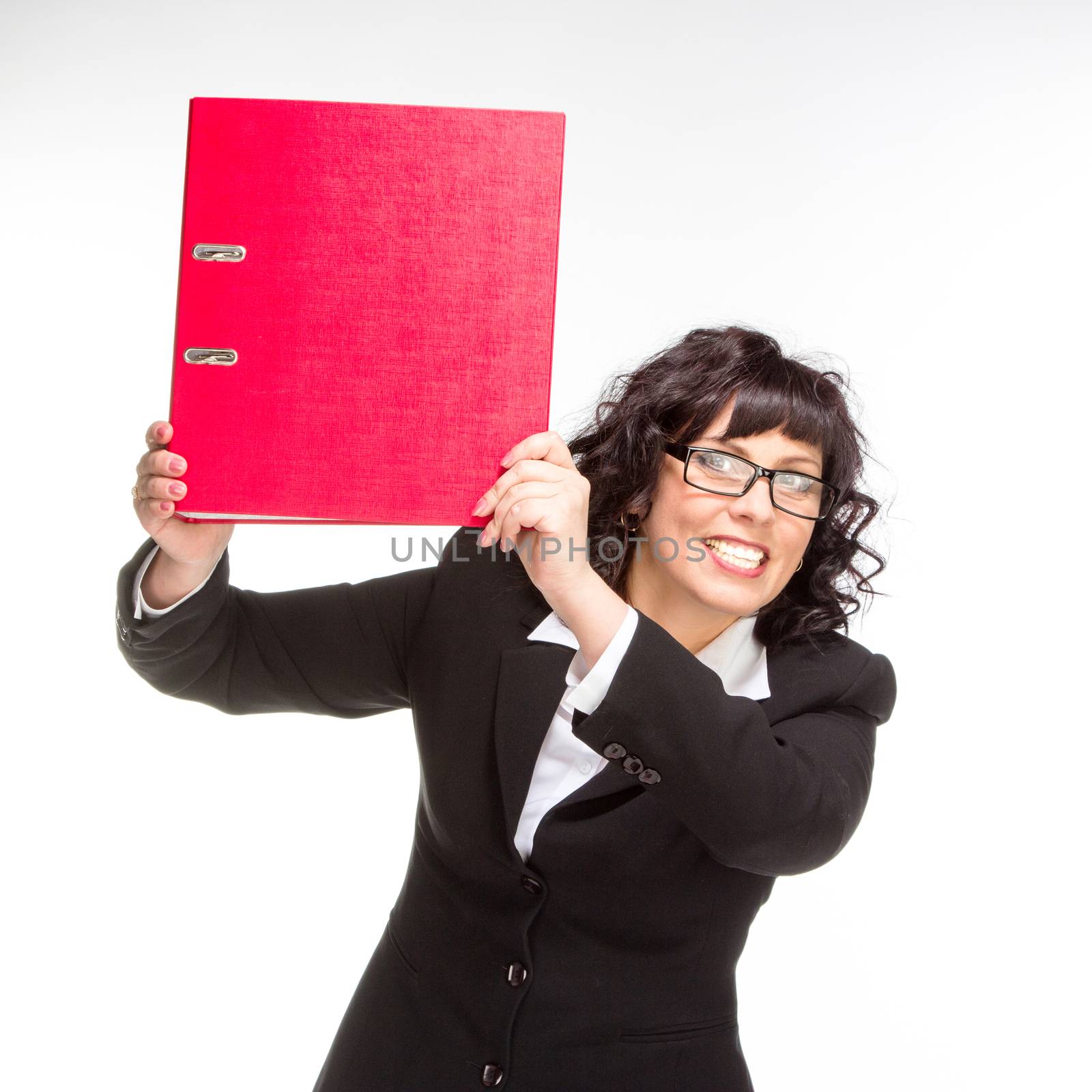 Cheerful senior business woman with folder, isolated on white