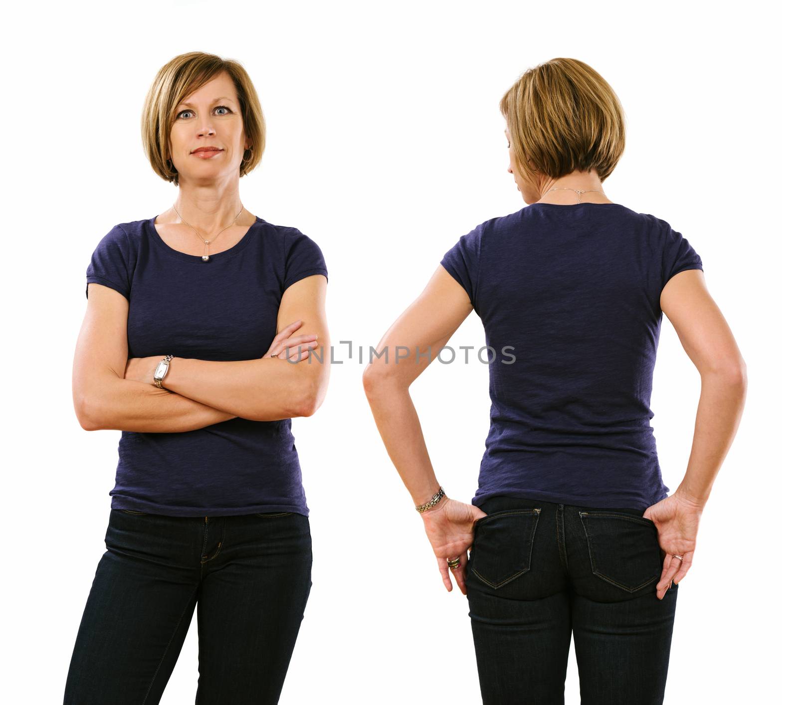 Photo of a beautiful blond woman in her early forties wearing a blank purple shirt. Ready for your design or artwork.
