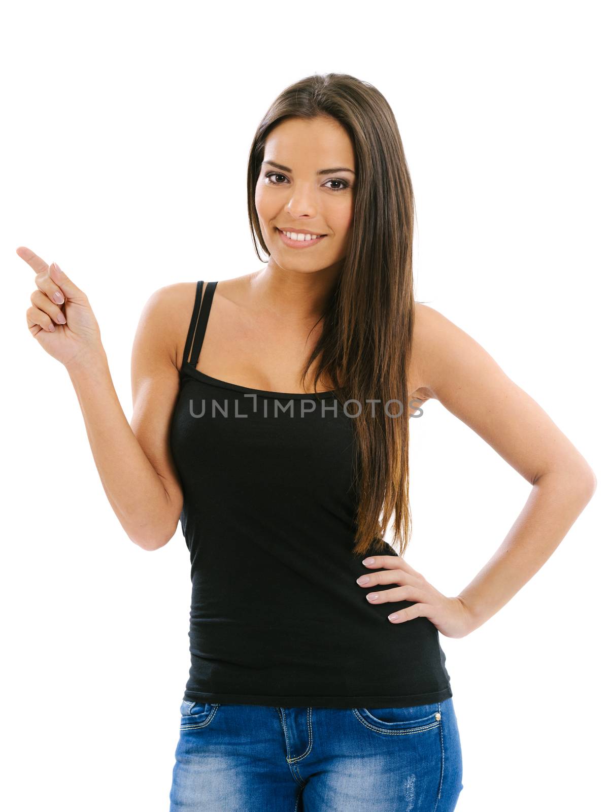 Photo of a beautiful young woman pointing up with one hand.
